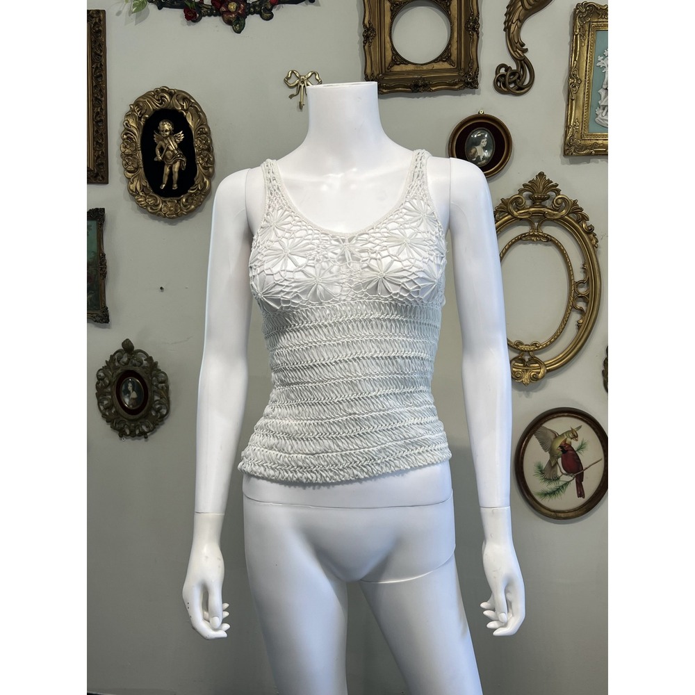 Vivienne Tam White Open Knit Crochet Flower Tank Top Size 0